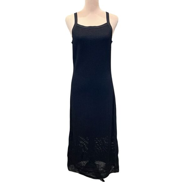Theory Textured Knit Pointelle Midi Dress Sleeveless Straight Fit Black M NWT - Picture 4 of 14